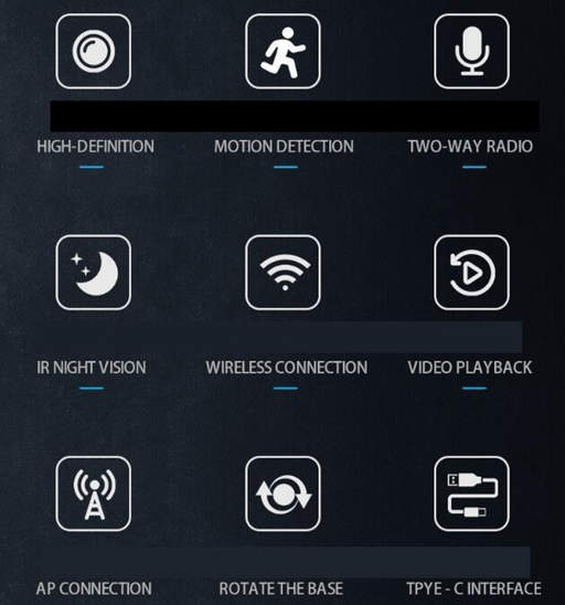 a black background with icons for motion detection wireless connection and video playback