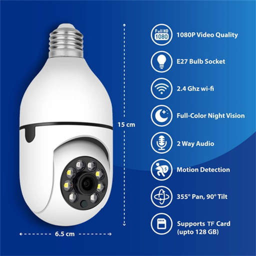 a full hd 1080p video quality e27 bulb socket 2 way audio motion detection supports tf card upto 128 gb