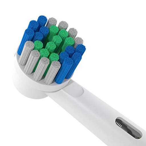 a close up of a toothbrush with blue green and gray bristles