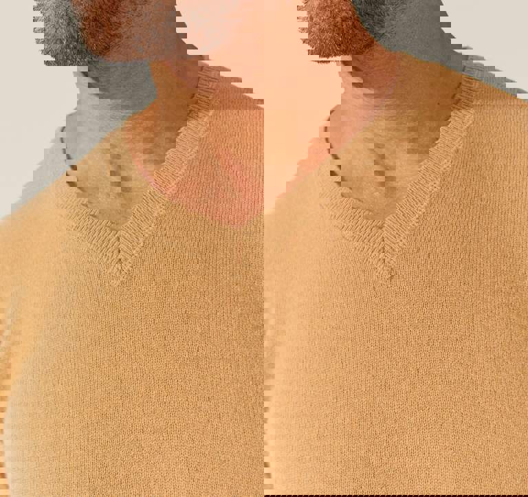 a man wearing a tan sweater with a v-neck