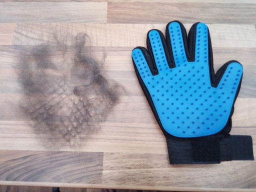a blue glove next to a pile of hair