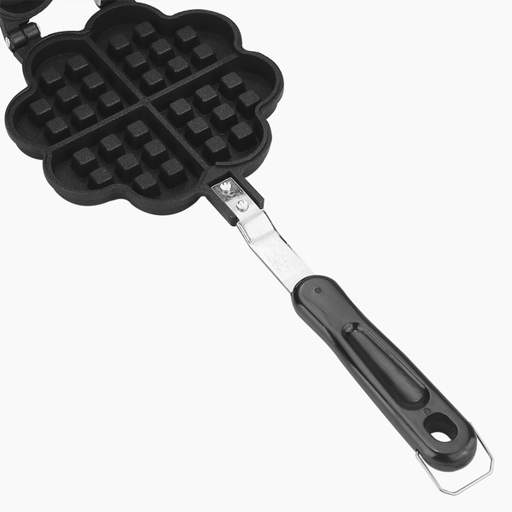 a black waffle maker with a stainless steel handle