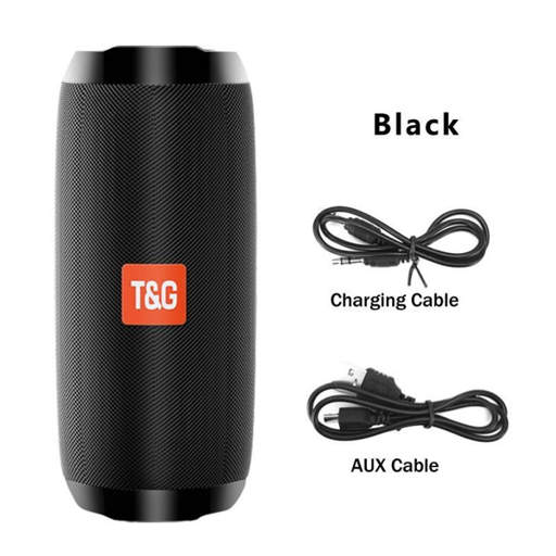a black t & g speaker with a charging cable and aux cable