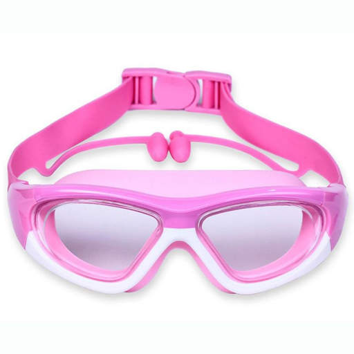 a pair of pink swim goggles with ear plugs attached