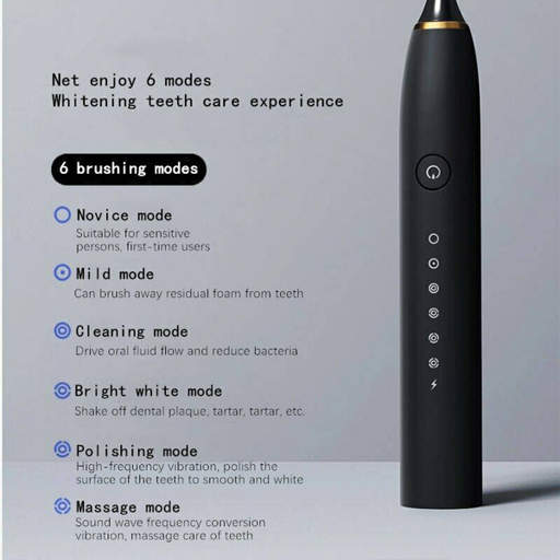 a black electric toothbrush with 6 brushing modes
