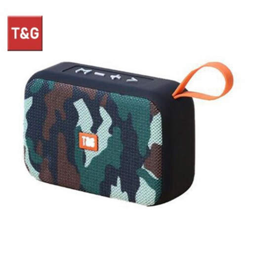 a small portable speaker with a camouflage pattern and an orange strap .