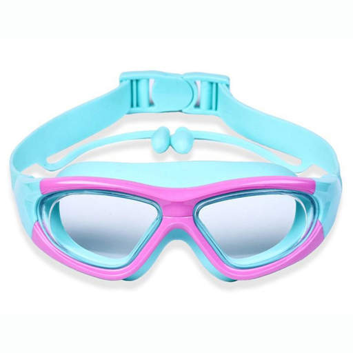 a pair of blue and pink swim goggles with ear plugs