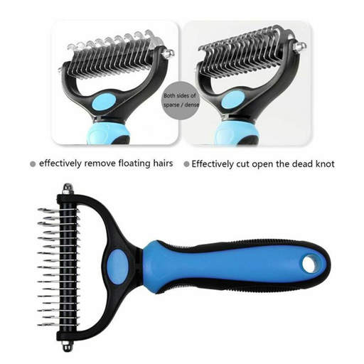 a blue and black comb with the words effectively remove floating hairs and effectively cut open the dead knot