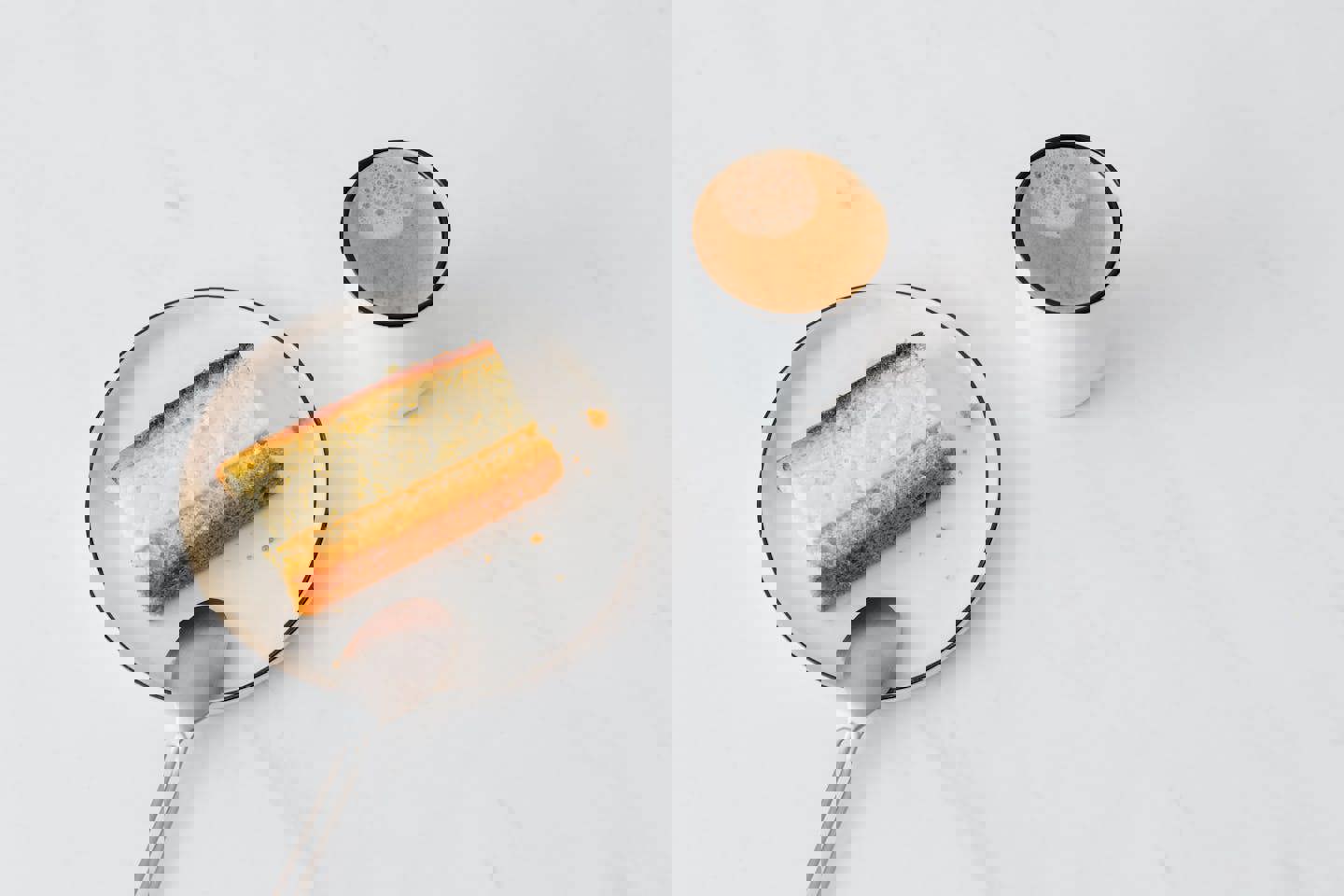 a slice of cake on a plate next to a cup of coffee