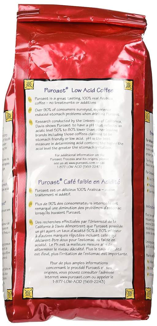 the back of a bag of purroast low acid coffee