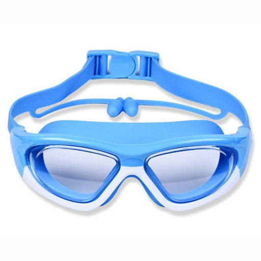 a pair of blue and white swimming goggles on a white background