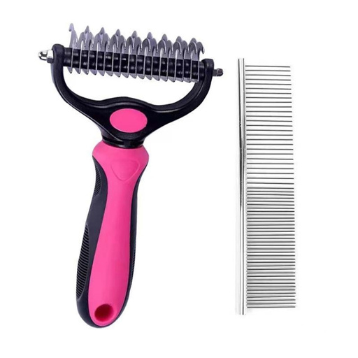 a pink and black comb next to a metal comb