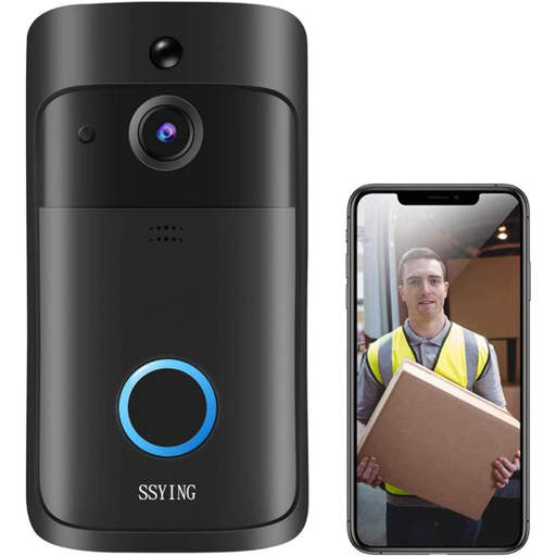 a ssying doorbell shows a man holding a box