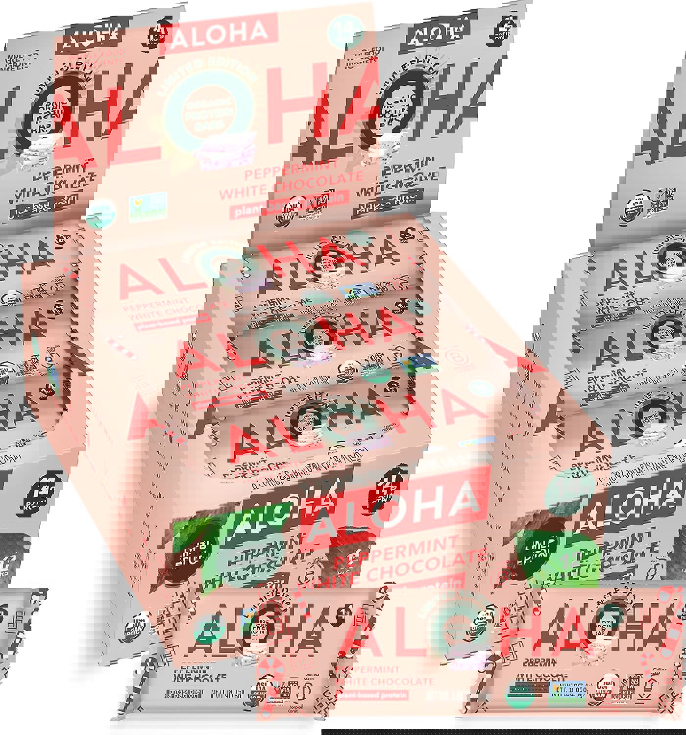 ALOHA Organic Plant Based Protein Bars - Peppermint White Chocolate , Vegan, Low Sugar, Gluten-Free, Paleo, Low Carb, Non-GMO, No Stevia, No Erythritol - LIMITED EDITION, 12 Count (Pack of 1)