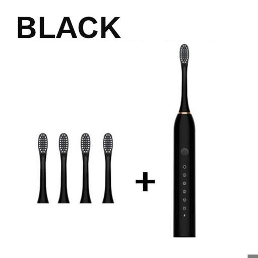 a black electric toothbrush with four brush heads