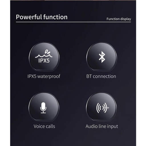 a display of powerful functions including ipx5 waterproof voice calls bt connection and audio line input