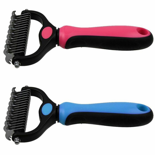 a pink and blue comb with a black handle
