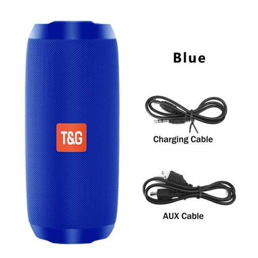a blue t & g speaker with a charging cable and aux cable