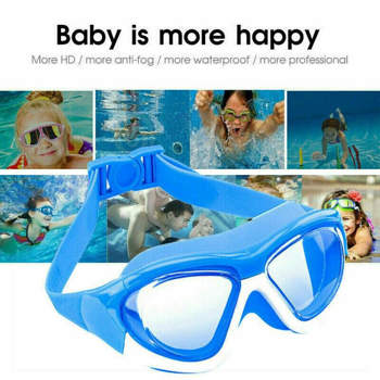 a blue swimming goggles that says baby is more happy