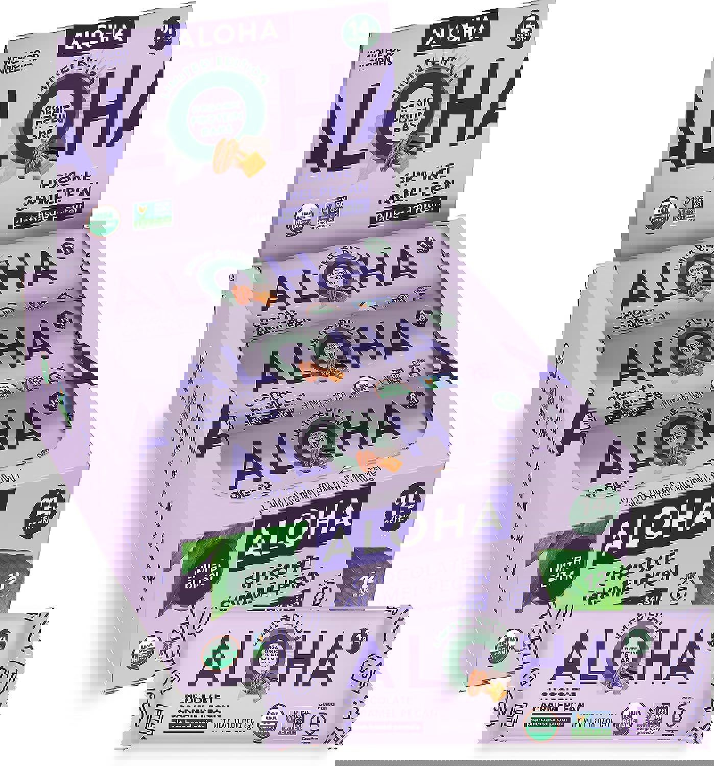 ALOHA Organic Plant Based Protein Bars | Chocolate Caramel Pecan | 12 Count, 1.98oz Bars | Vegan, Low Sugar, Gluten Free, Paleo, Low Carb, Non-GMO, Stevia Free, Soy Free, No Sugar Alcohol Sweeteners