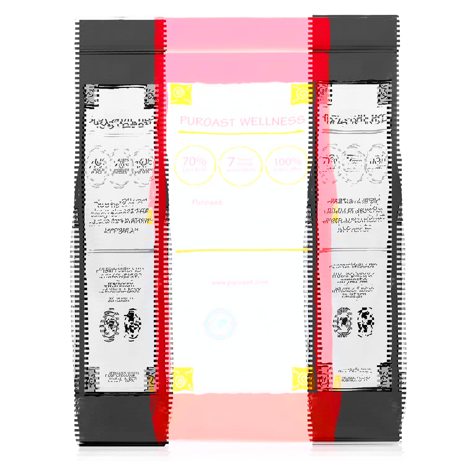 the back of a bag of puroast wellness coffee