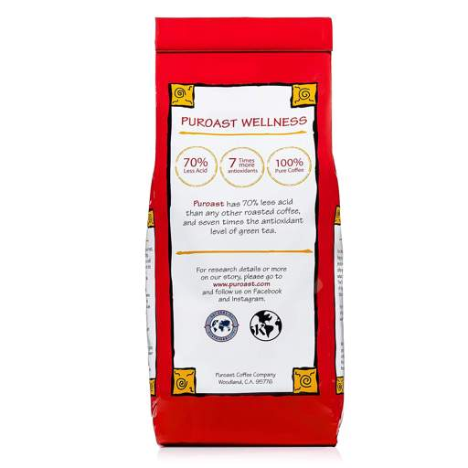 the back of a bag of puroast wellness coffee