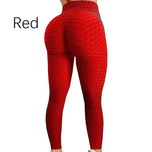 a woman is wearing red leggings with a honeycomb pattern