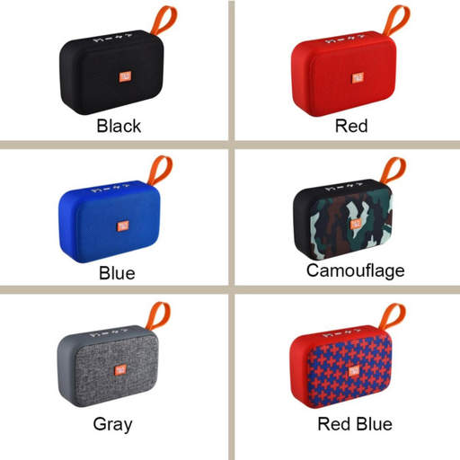 six different colored speakers are shown including black blue red camouflage and gray
