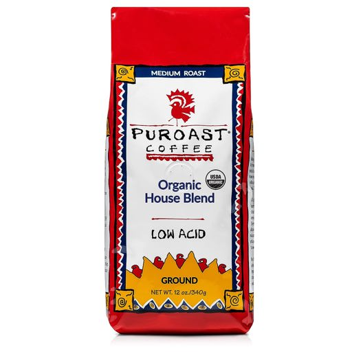 a bag of puroast organic house blend ground coffee
