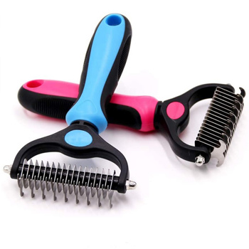 a blue and pink comb with a stainless steel blade