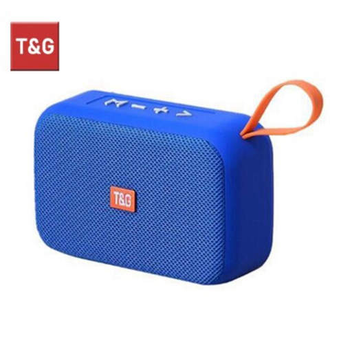 a blue t & g portable speaker with an orange strap on a white background .