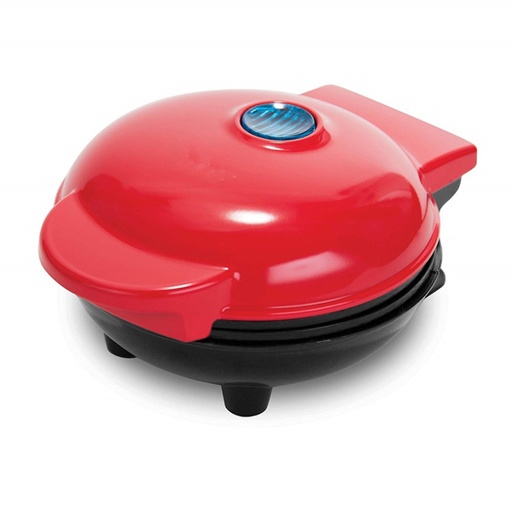 a red and black waffle maker with a blue light on top