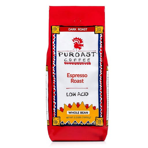 a bag of espresso roast low acid whole bean coffee