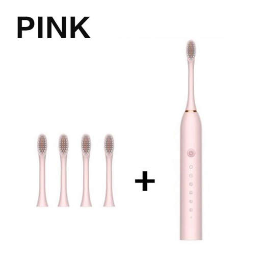 a pink electric toothbrush with four heads and a plus sign .