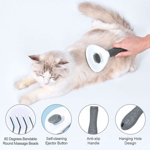 a cat is being brushed with a brush that has 60 degrees bendable round massage beads