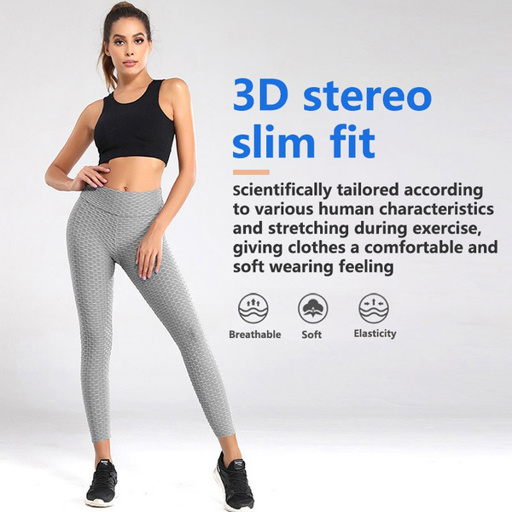 a woman wearing a black tank top and grey leggings says 3d stereo slim fit