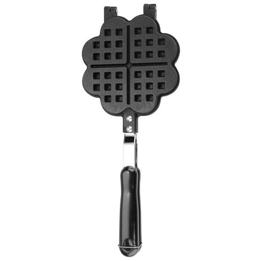 a heart shaped waffle maker with a black handle