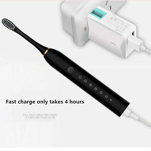 a black electric toothbrush that says fast charge only takes 4 hours