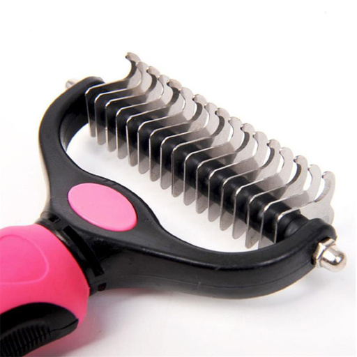 a pink and black comb with stainless steel teeth