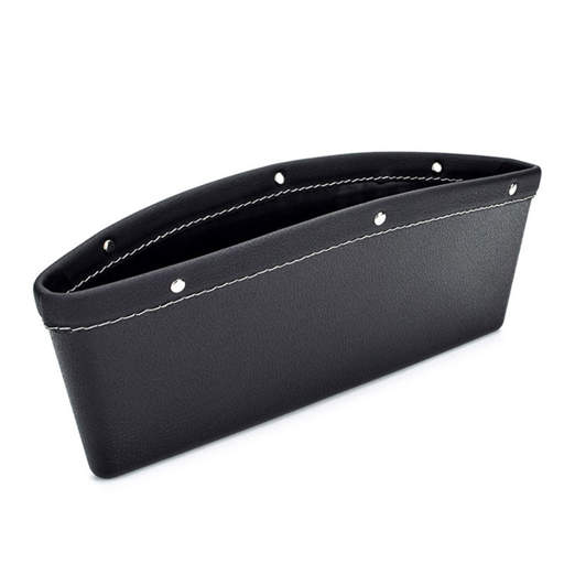 a black leather purse with white stitching on the side