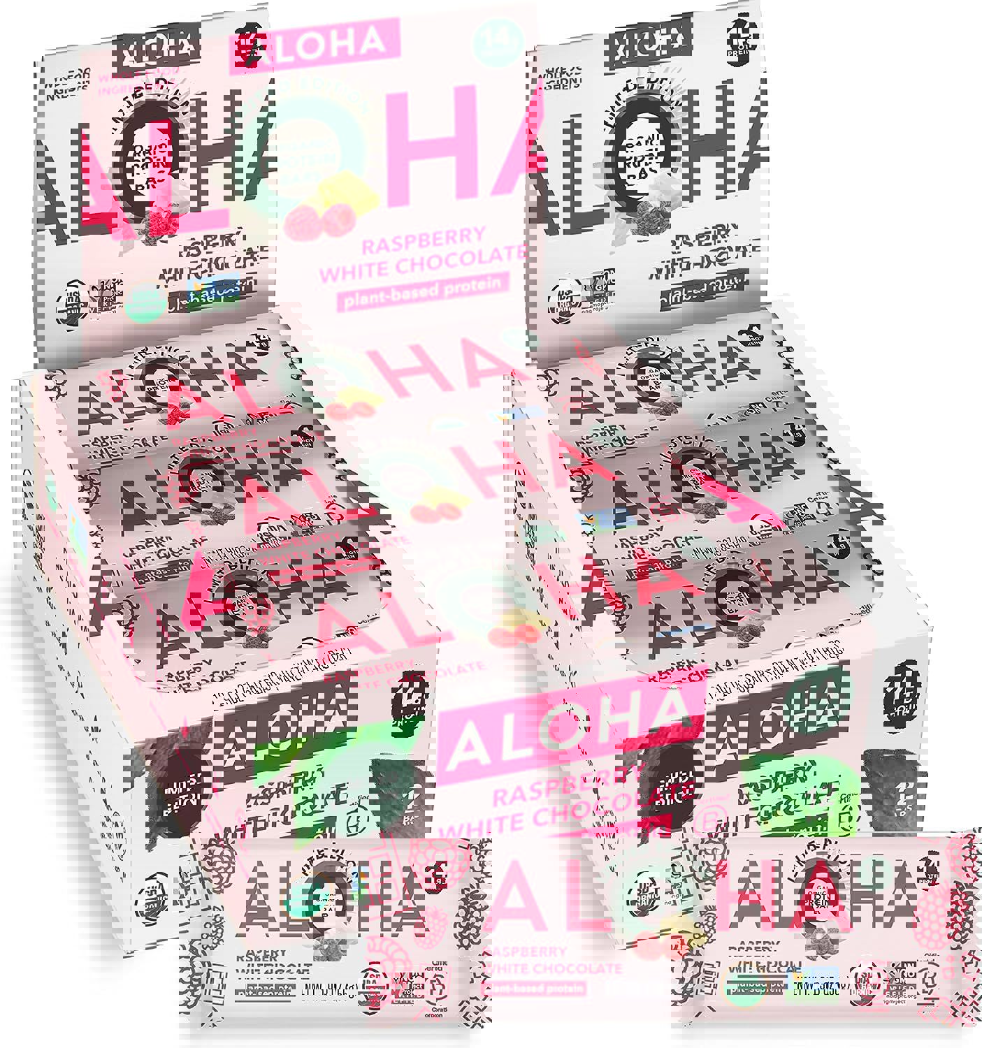 ALOHA Organic Plant Based Protein Bars | Raspberry White Chocolate | 12 Count, 1.98oz Bars | Vegan, Low Sugar, Gluten Free, Paleo, Low Carb, Non-GMO, Stevia Free, Soy Free, No Sugar Alcohol Sweeteners: LIMITED EDITION