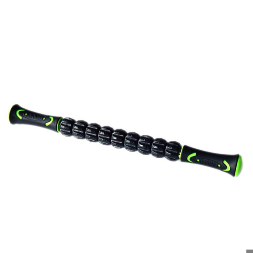 a black and green massage roller with a green handle