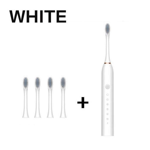 a white electric toothbrush with four toothbrush heads .
