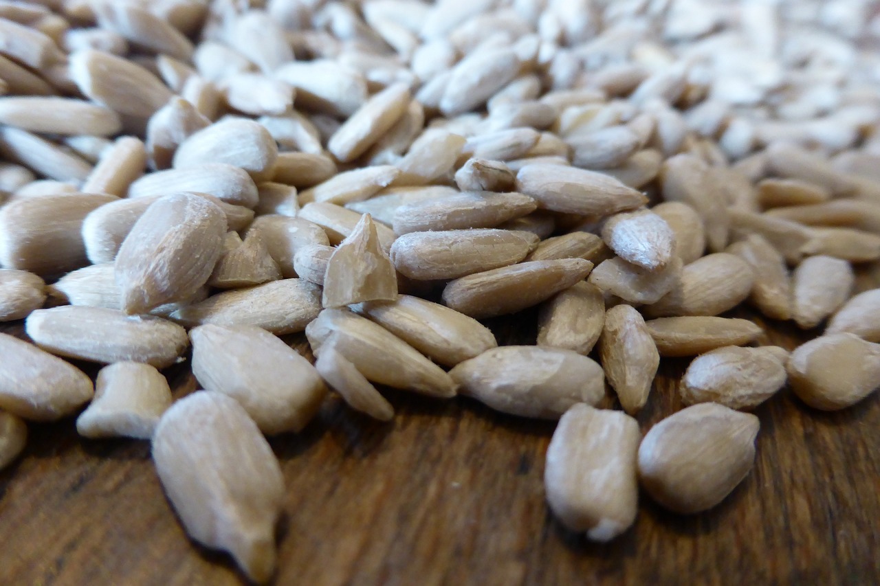 a pile of sunflower seeds on a wooden surface