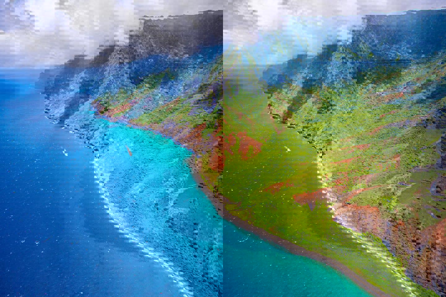 an aerial view of a tropical landscape with mountains and a body of water