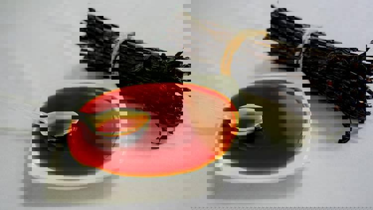 a spoon in a bowl of liquid next to a bunch of vanilla beans