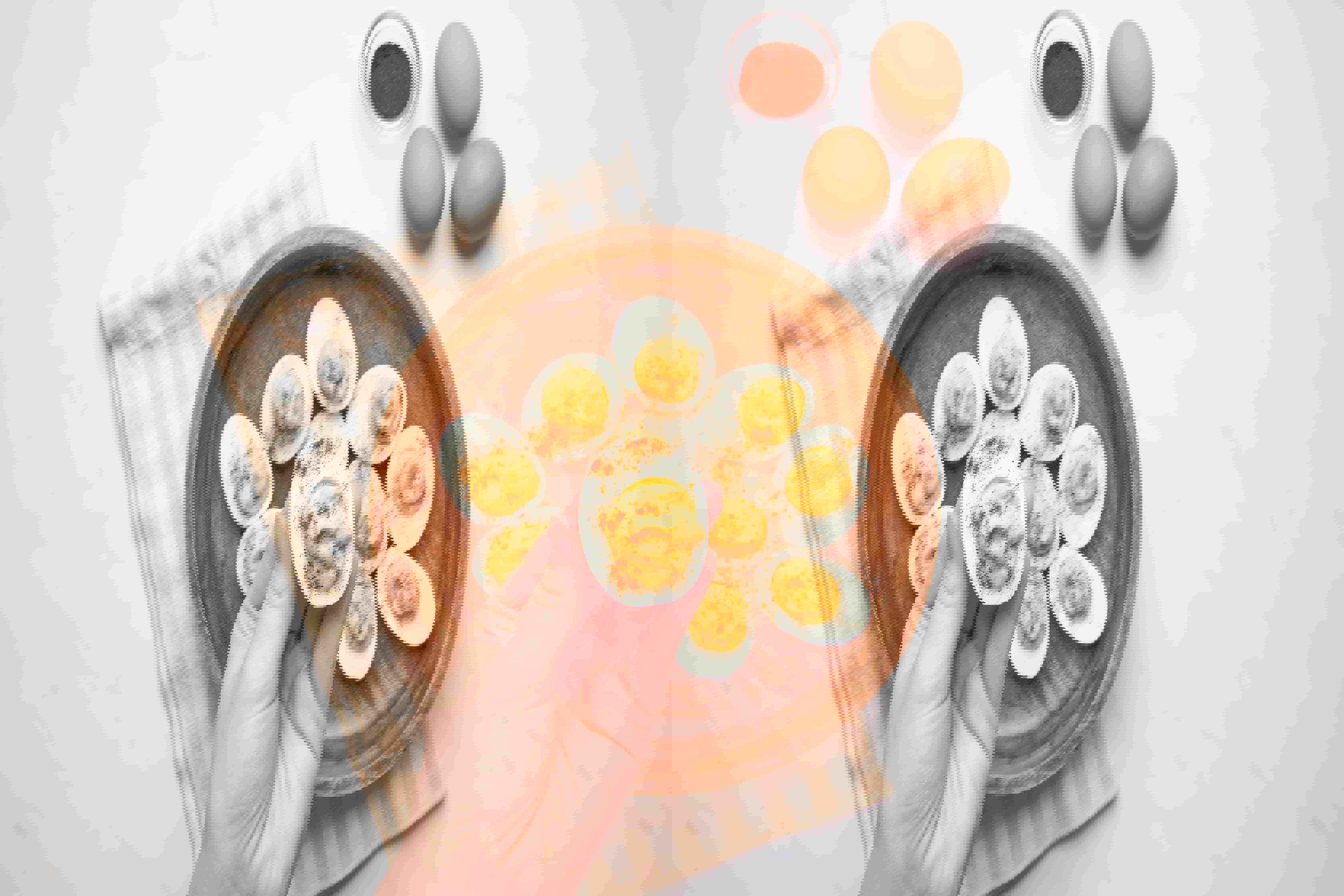 a person is holding a plate of hard boiled eggs in their hand