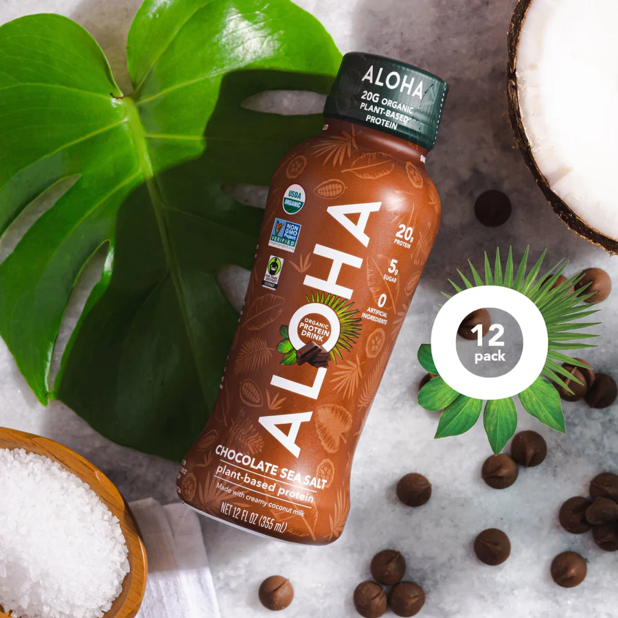 a bottle of aloha chocolate sea salt plant based protein drink