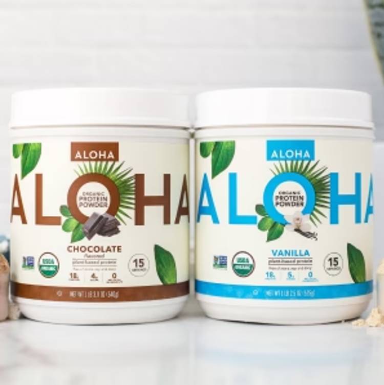 two jars of aloha protein powder are sitting next to each other on a table