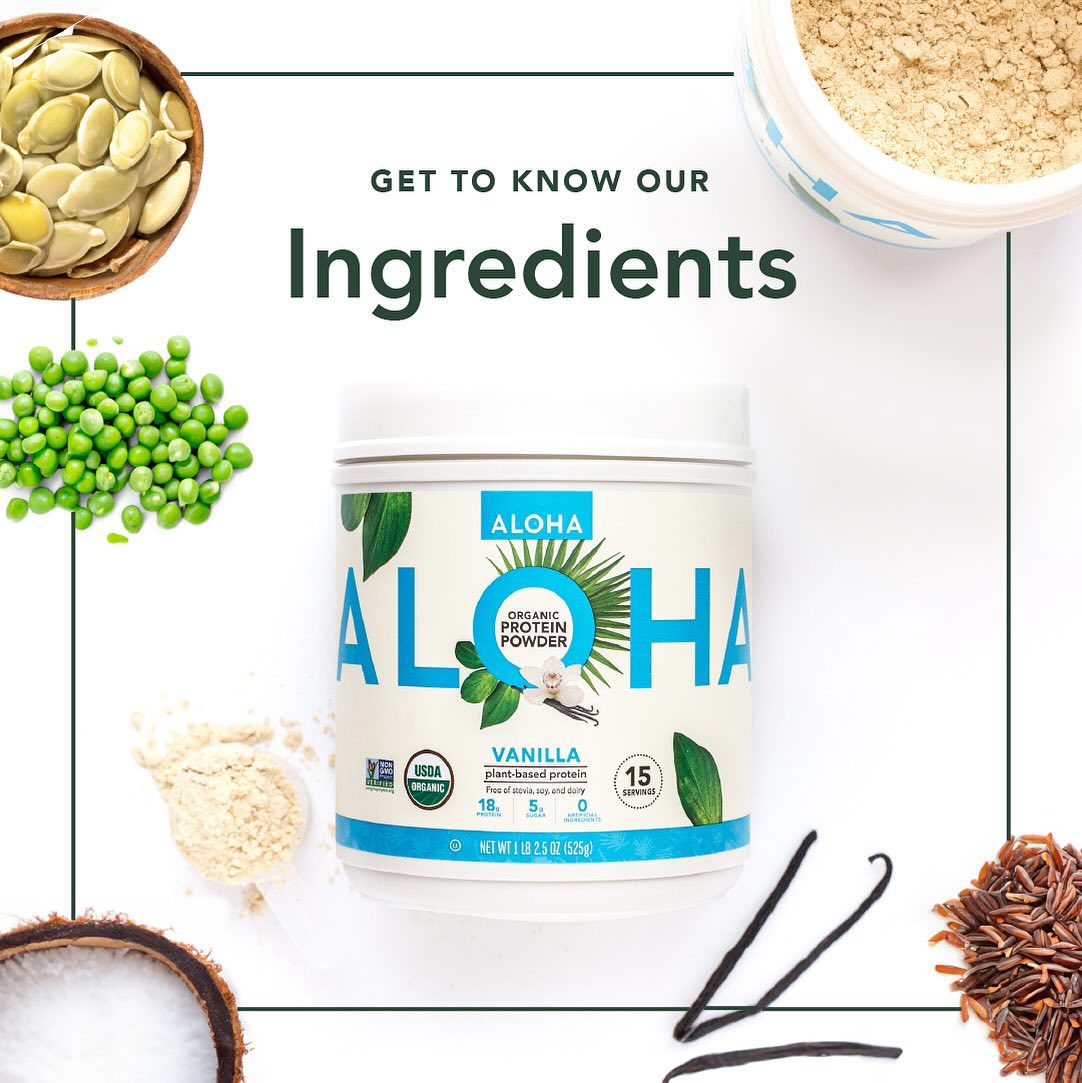 an advertisement for aloha protein powder shows the ingredients